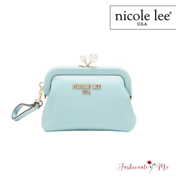 Nicole Lee USA Elsie Vegan Leather Wristlet Strap Pearl Coin Purse | Blue - Picture 1 of 11